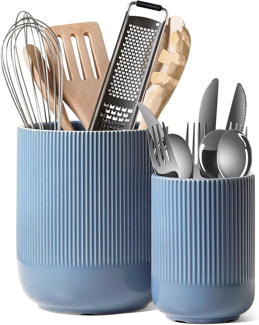LE TAUCI Utensil Holder, 7.3"+5.4" Ceramic Kitchen Utensil Holder for Countertop, Large Cooking Utensil Crocks for Kitchen Counter, Modern Utensil Organizer for Spatula, Set of 2, Dusty Blue