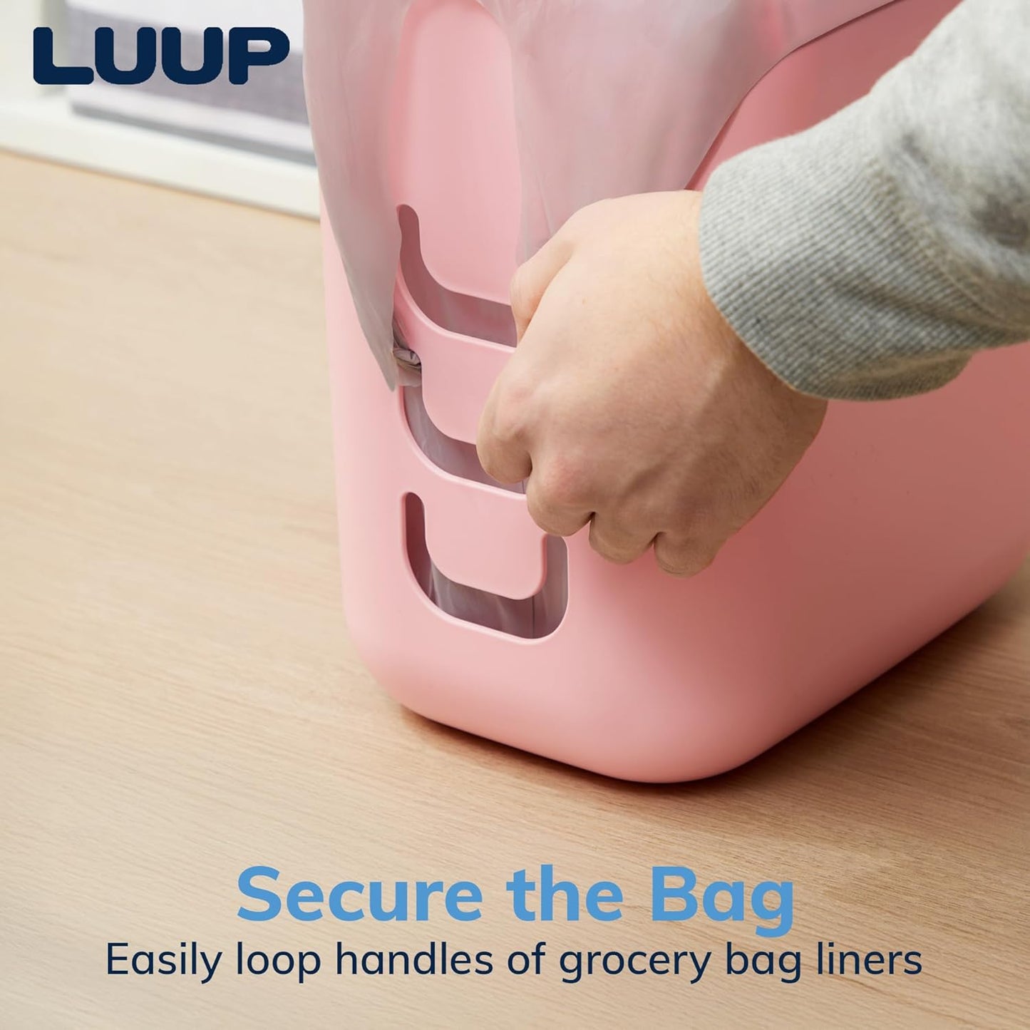 STORi Luup Bathroom Wastebasket, Secure Grocery Bags, Plastic Garbage Container for Vanity, Laundry Room, Kitchen, Office, 2.5 Gallon, Pink, Made in USA