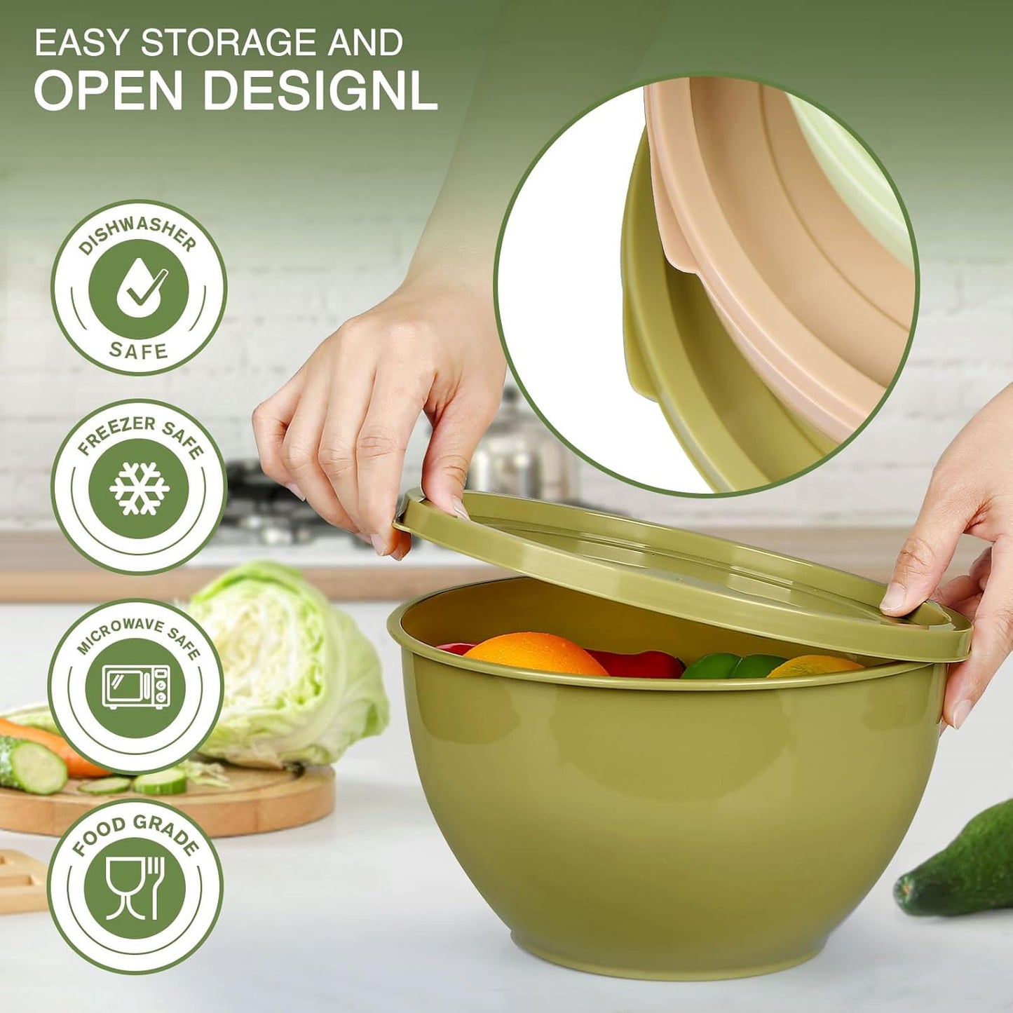 5-Piece Plastic Mixing Bowls with Lids Set for Kitchen, Nesting Bowls for Mixing, Baking, Prepping, Cooking and Serving Food, Mixing Bowls Dishwasher, Microwave Safe (5 Set-Green)