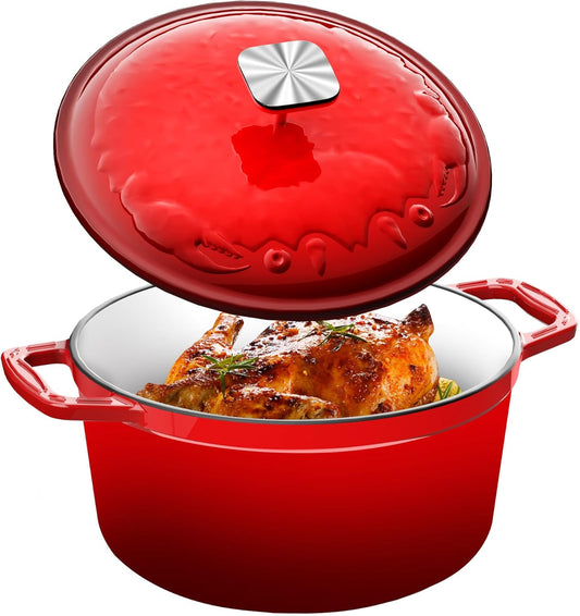 Dutch Oven Pot with Lid - Cast Iron Dutch Oven for Bread Baking Sourdough, Casserole and Braiser with Crab Lid, Square Knob, Nonslid Handles - Red