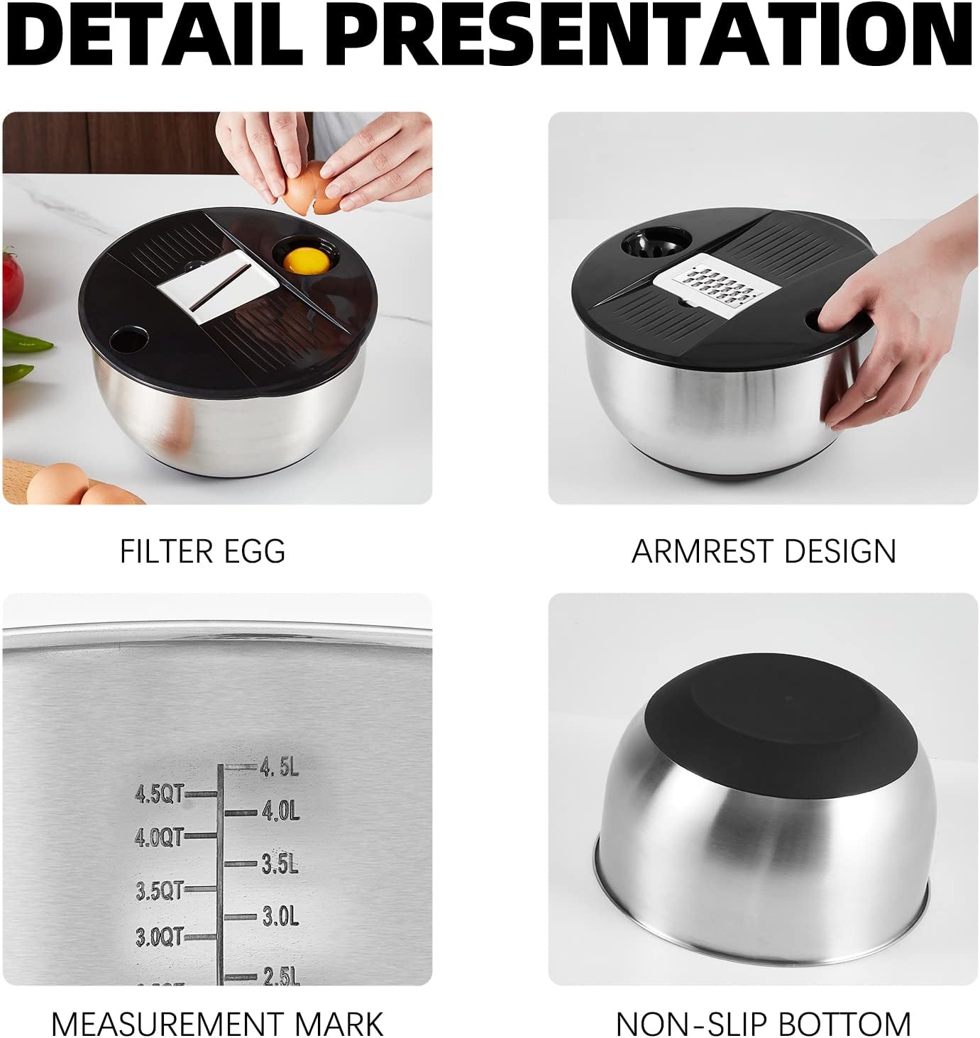 Mixing Bowls with Lids Set,Pack of 3 Stainless Steel Nesting Bowls with Grater Airtight Lids Non-Slip Bottoms for Slicing,Shredding,Grating,Mixing,Cooking,Baking(Black)