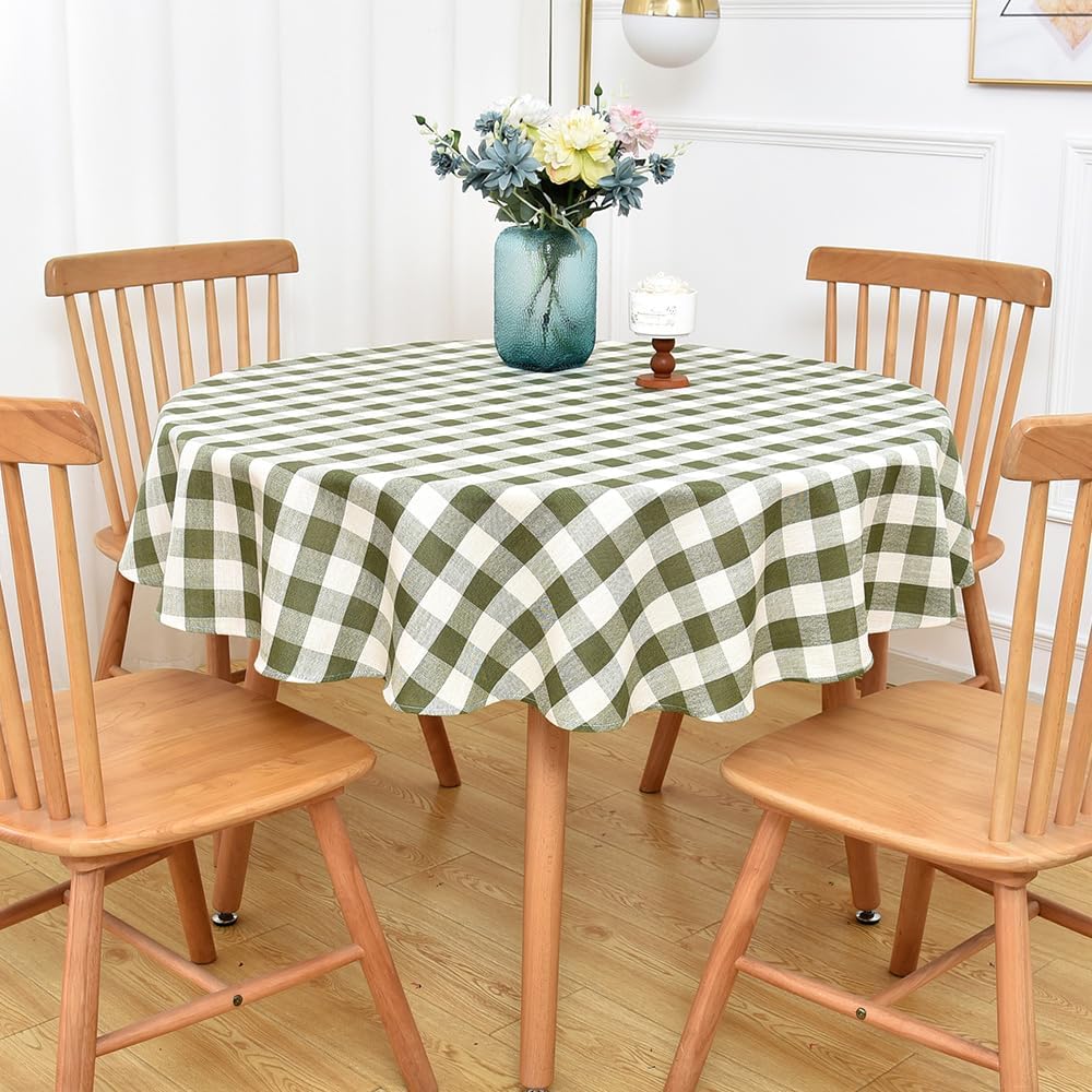 Gingham Round Tablecloth Table Cloth Heavy Duty Cotton Checkered Table Cloth Round Cover for Dining Room(R-Green, 53 inch Diameter)
