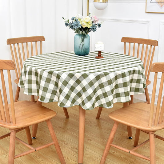 Gingham Round Tablecloth Table Cloth Heavy Duty Cotton Checkered Table Cloth Round Cover for Dining Room(R-Green, 53 inch Diameter)
