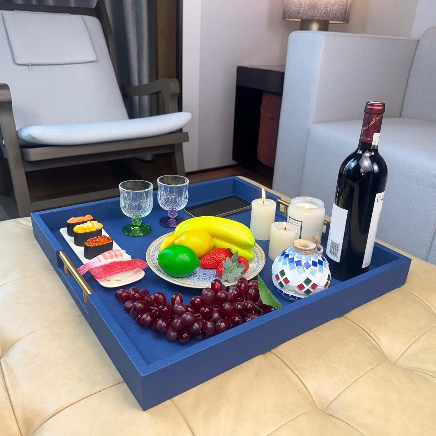 20x20 Inches Extra Large Blue Faux Leather Wrapped Wood Ottoman Tray with Handles for All Occasions, Serving Food Breakfast On Bed, Home Decor Decorative, Living Room,Square Coffee Table Organizer