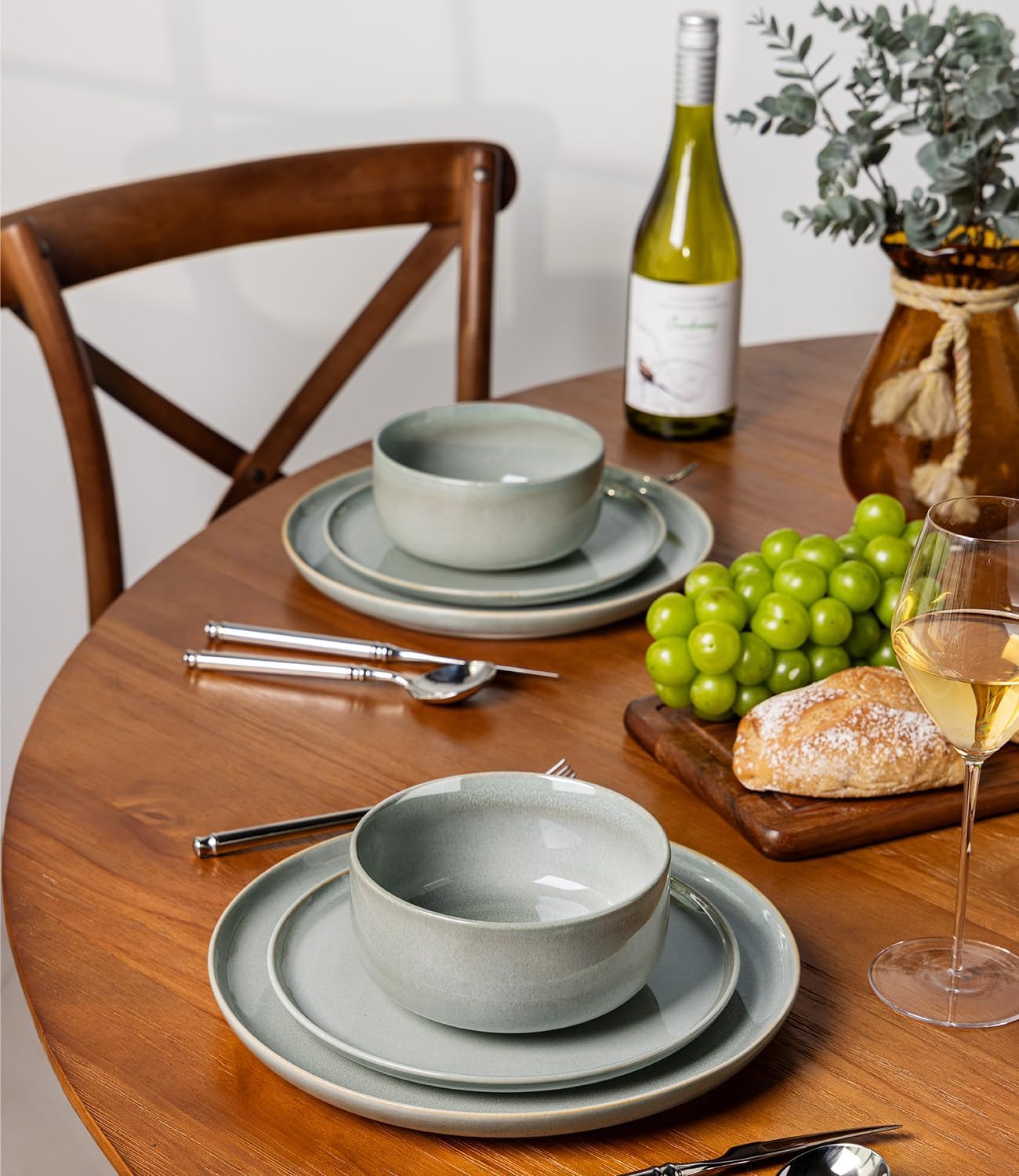 TheTerra Ceramic Dinnerware Sets for 4, 12 Pieces Handmade Reactive Glaze Plates and Bowls Set, Scratch Resistant Dish Set, Oven & Microwave & Dishwasher Safe, Sea Foam