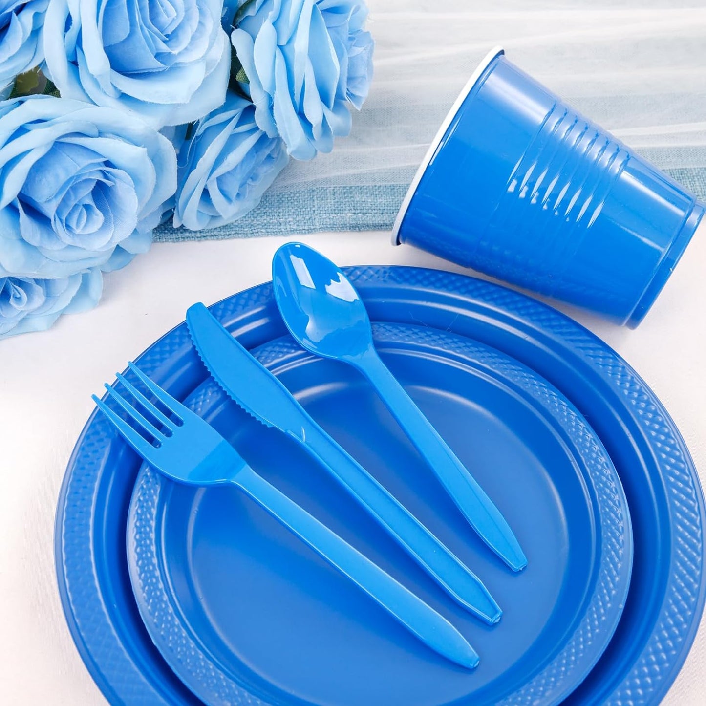 WELLIFE 210 Pcs Blue Party Supplies, Plastic Dinnerware Set, Including Blue Plastic Plates and Napkins, Disposable Cutlery and 12OZ Cups, Serve 30 Guests for Party