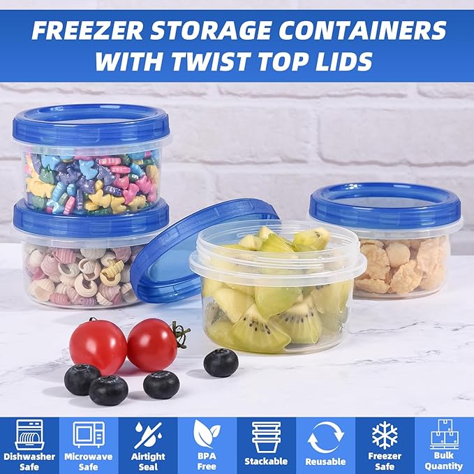 Freezer Storage Containers, [12 Pack-8 oz] Ultra Thick Freezer Containers with Leakproof Twist Top Lids, Heavy Duty BPA Free Stackable Meal Prep Bowls Great for Portion Control