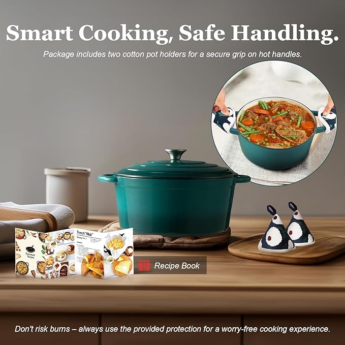 Overmont Enameled Cast Iron Dutch Oven - 5.5QT Pot with Lid Cookbook & Cotton Potholders - Heavy-Duty Cookware for Braising, Stews, Roasting, Bread Baking bottle green