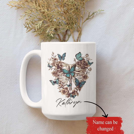 Customized Colorful Butterflies And Human Skeleton Travel Mugs, Personalized Name On Great Butterfly Cup Gifts For Child, Custom Heartwarming Animal Tea Cup For Animal Lovers