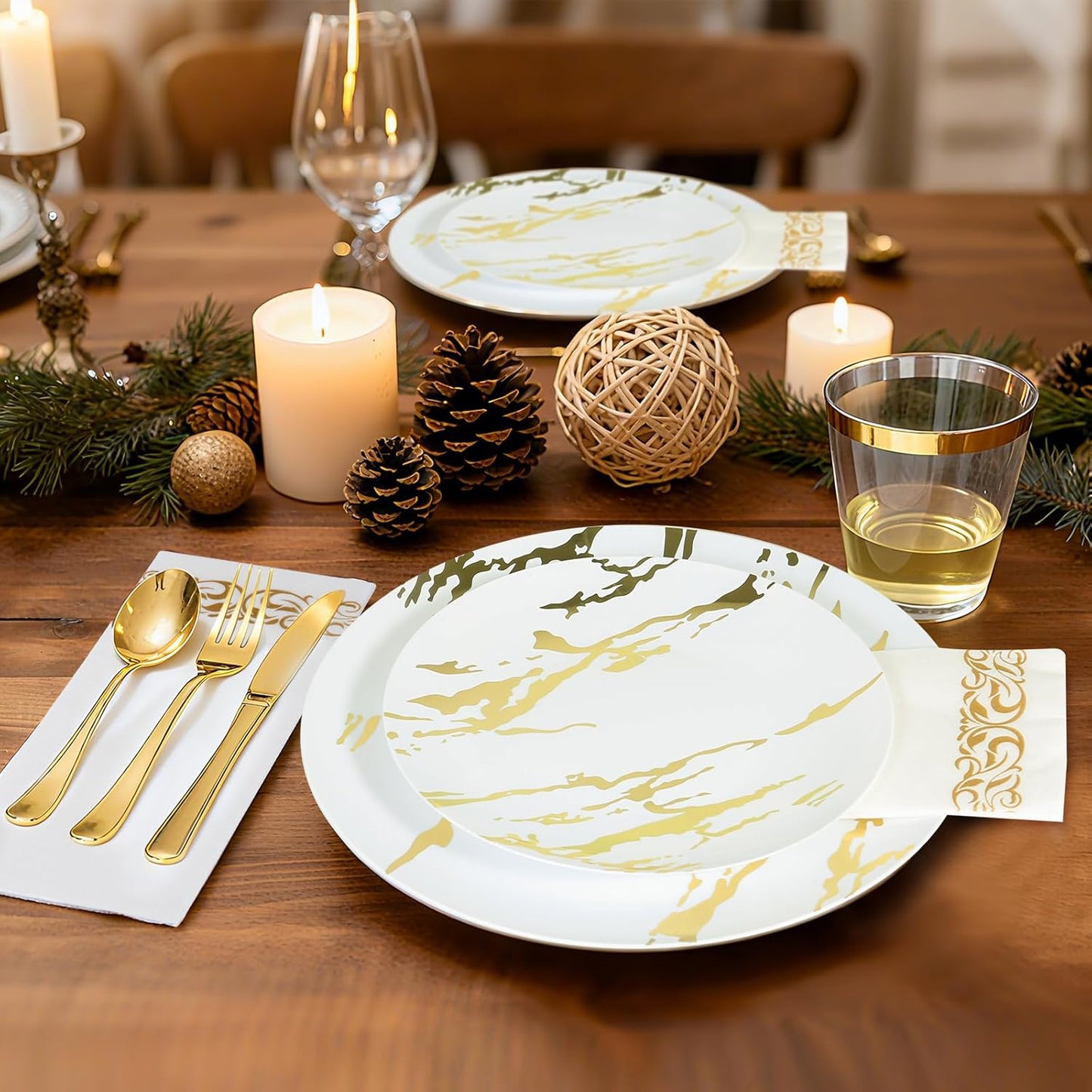 175pcs Gold Plastic Dinnerware Set – Elegant Disposable Plates, Cups, Utensils & Napkins for Wedding, Party, Birthday, Graduation