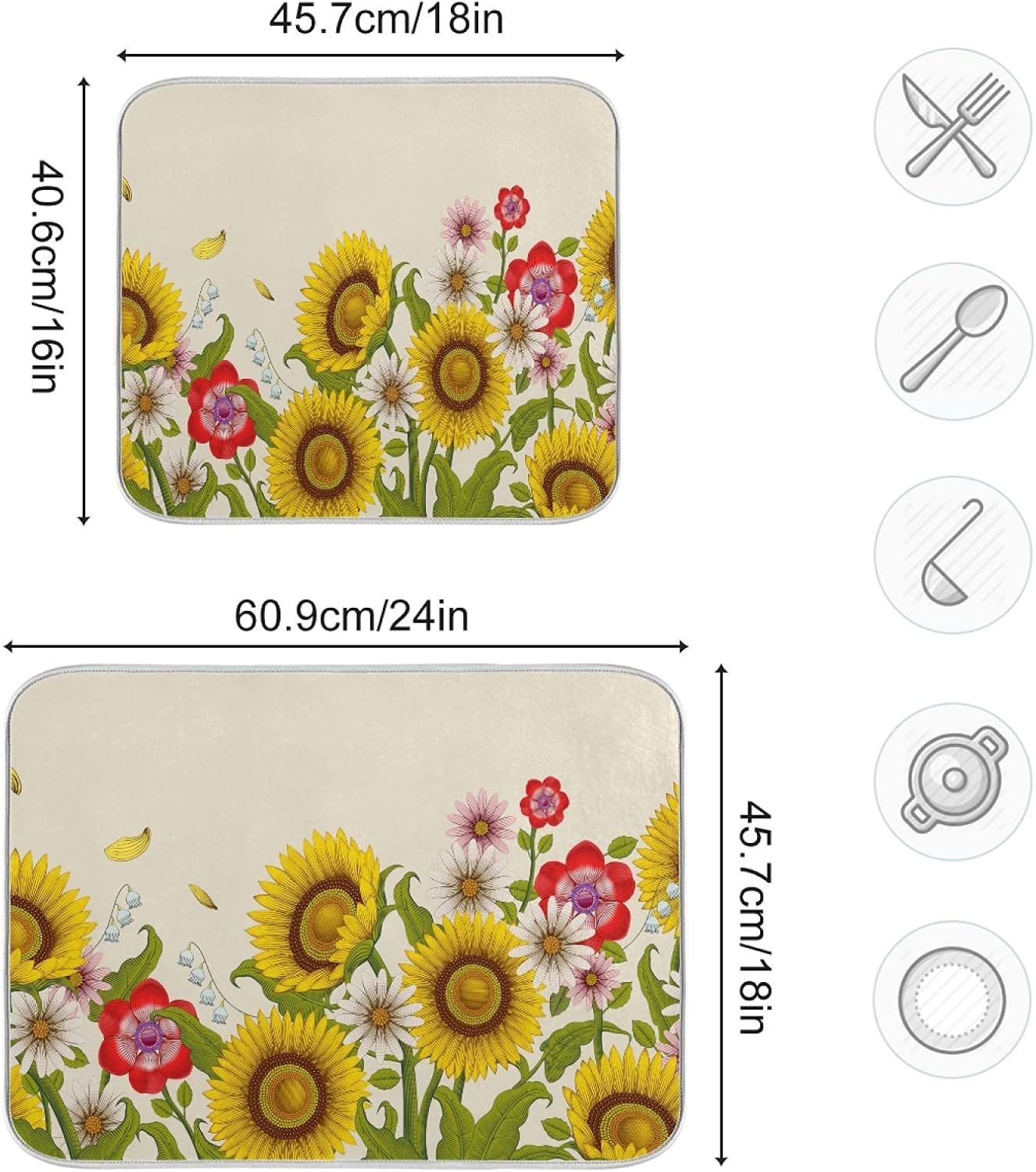 Dish Drying Mat for Kitchen Counter 18 x 24 Inch Decorative Flowers Sunflowers Super Absorbent Microfiber Dish Drainer Rack Mats Soft Heat Resistant Drying Protector Pad