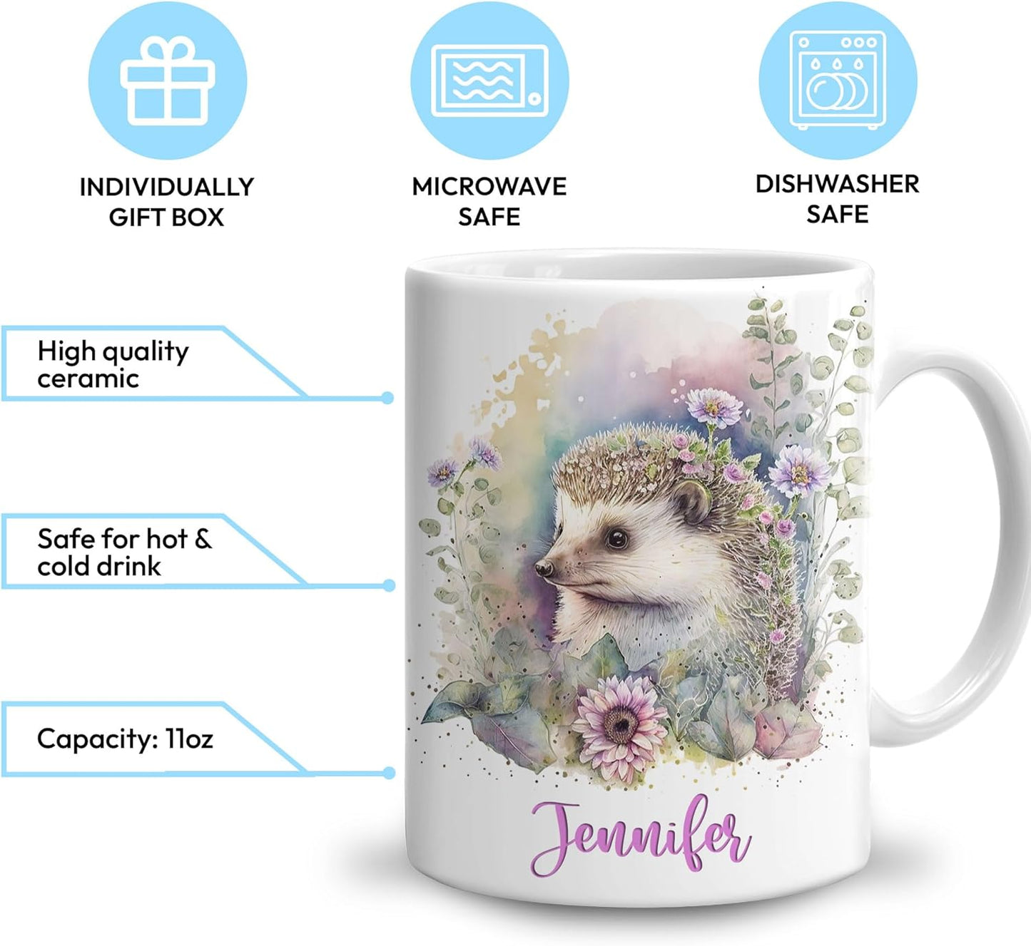 Hyturtle Personalized Gifts Hedgehog Lover - Just A Girl Who Loves Hedgehogs Custom Name Ceramic Coffee Mug Cup 11oz - Idea Cute Animal Lover Gifts For Women, Girl Daughter On Birthday, Christmas