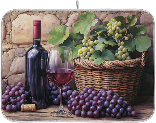 Wine Bottle Wine Glass Grapes Dish Drying Mat for Kitchen Counter Super Absorbent Dishes Pad Reversible Microfiber Protector Dish Draining Mats 16x18 inch