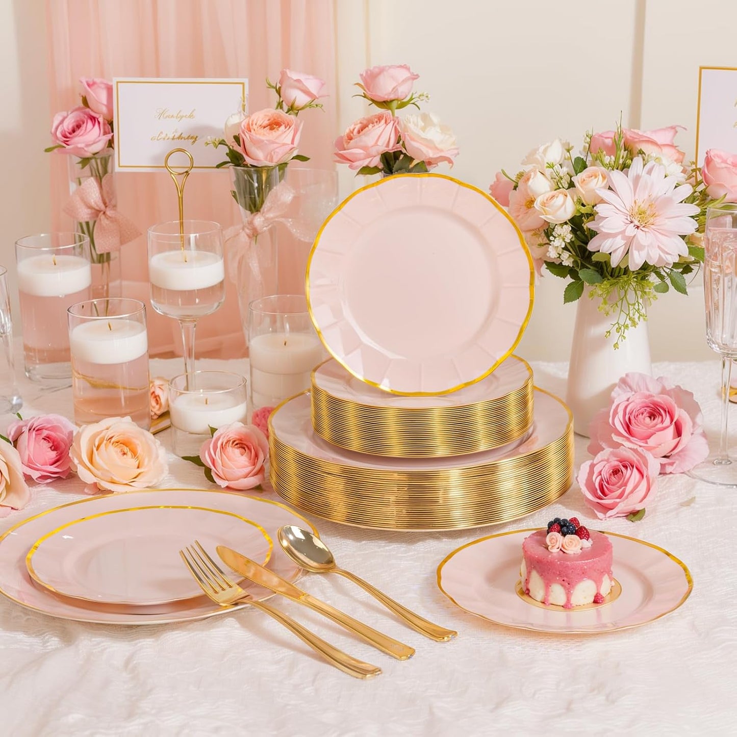 EI 150pcs Pink Plastic Plates with Gold Plastic Silverware,Pink Party Plates,Heavy Duty Plate Disposable,Gold Dinnerware Set for Birthday, Afternoon Tea,Wedding
