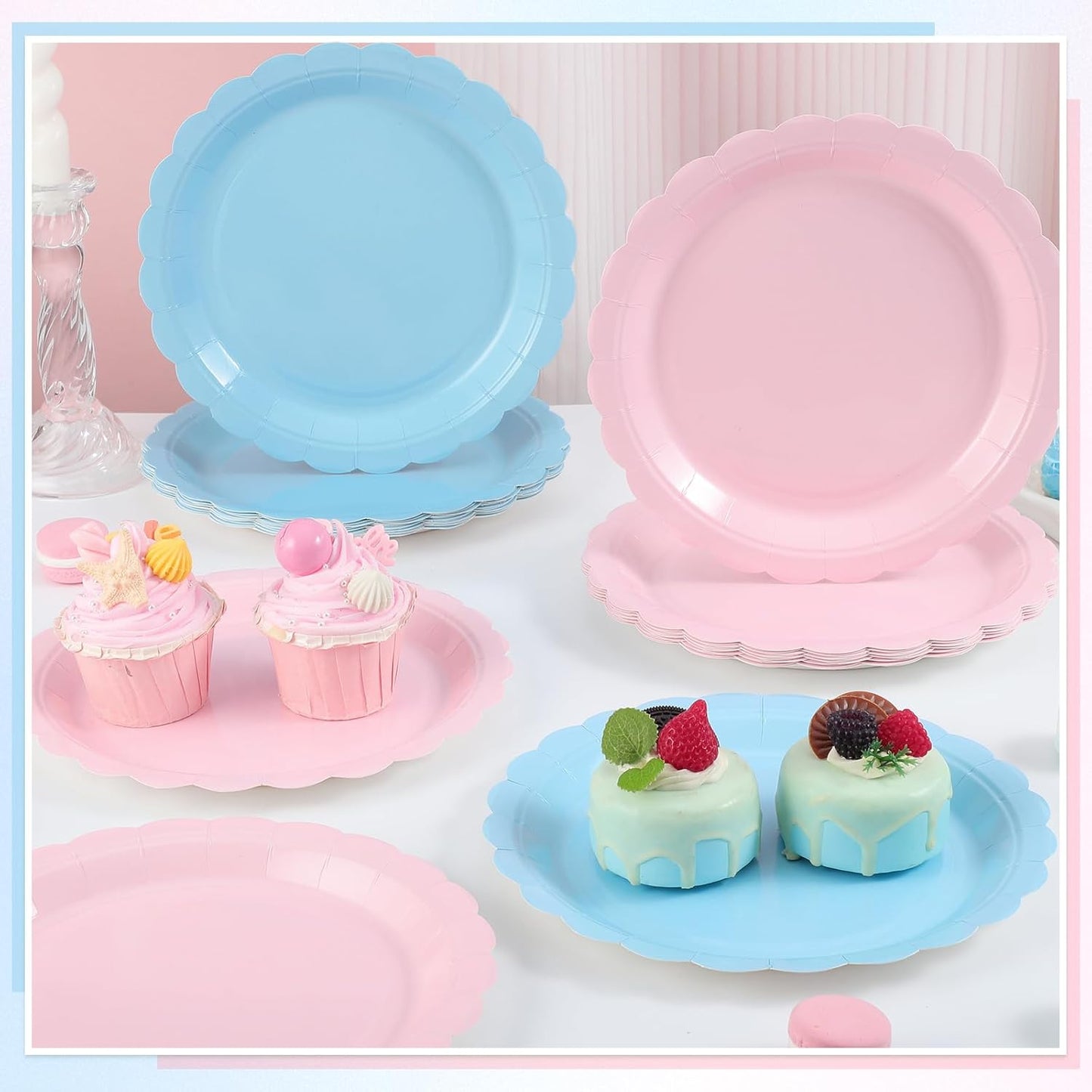 30 Pcs Gender Reveal Plates 9 Inch Disposable Scalloped Pink and Blue Plates Cute Dessert Cake Dinner Plate for Baby Shower, 1st Birthday