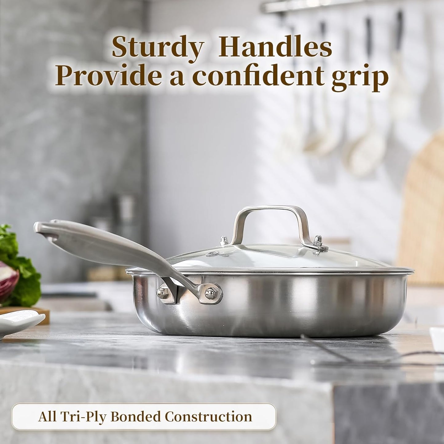 DELARLO Tri-ply Stainless Steel Frying Pan Set with Lid 10" 12" Induction large Skillets Chef's Pan,Pots and Pans Set Kitchen Cookware Set Suitable for All Stove