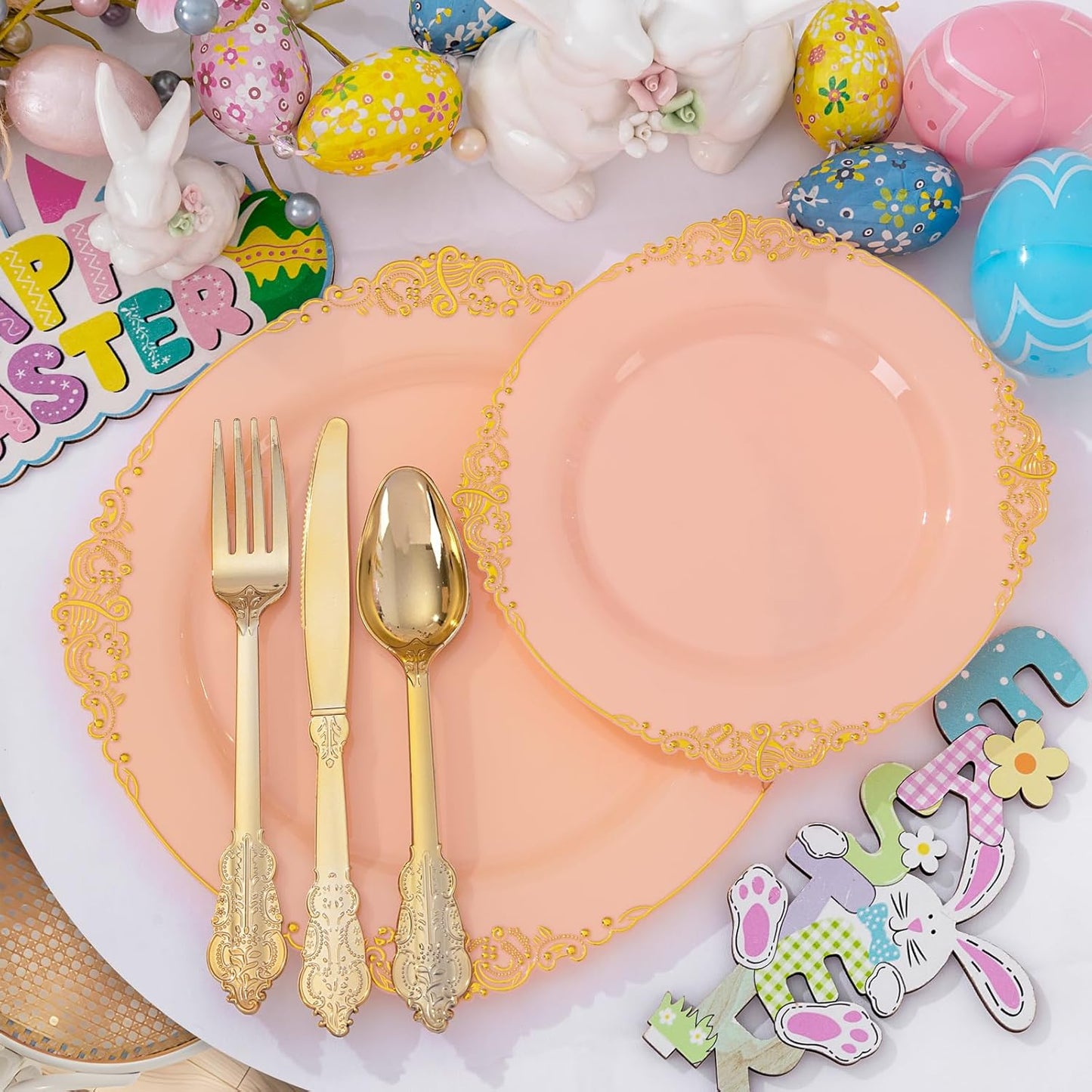 125PCS Peachy Pink Plastic Plates - Elegant Pink and Gold Dinnerware Set - Heavy Duty Disposable Plates with Gold Silverware Sets for 25 Guests for Wedding & Party & Bridal Shower