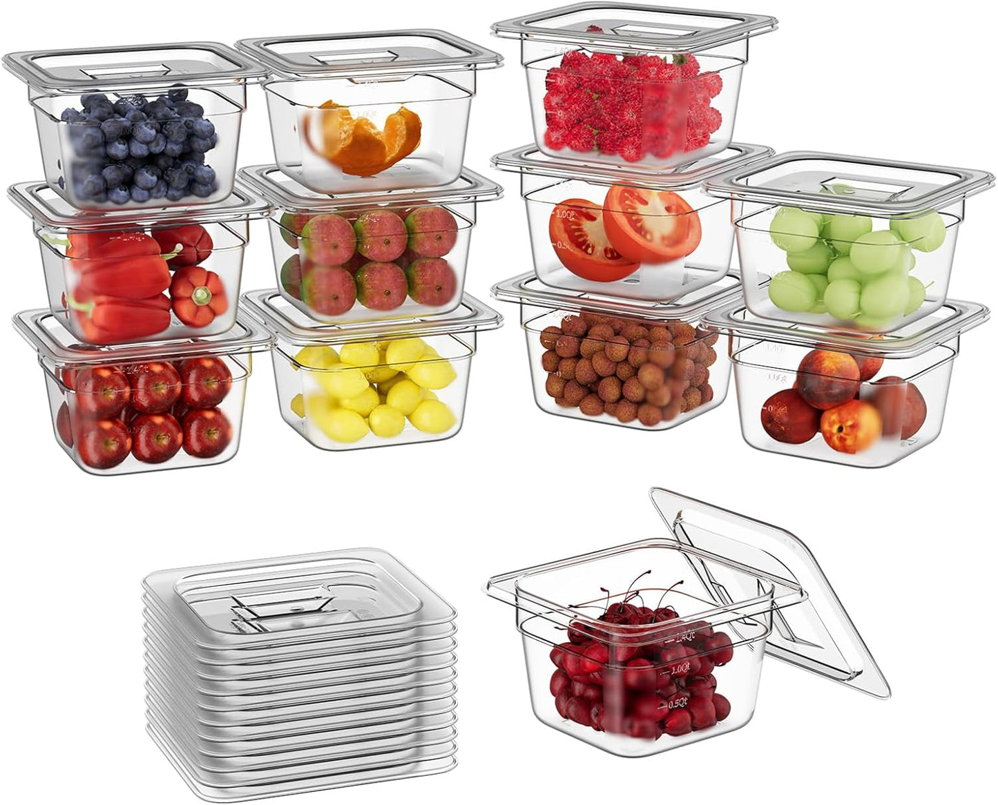 1/6 4'' 12 Pack Plastic Food Pans With Lids, Clear Food Pan, Commercial Stackable Polycarbonate Freezer-Safe for Fruits Vegetables Restaurant Kitchen