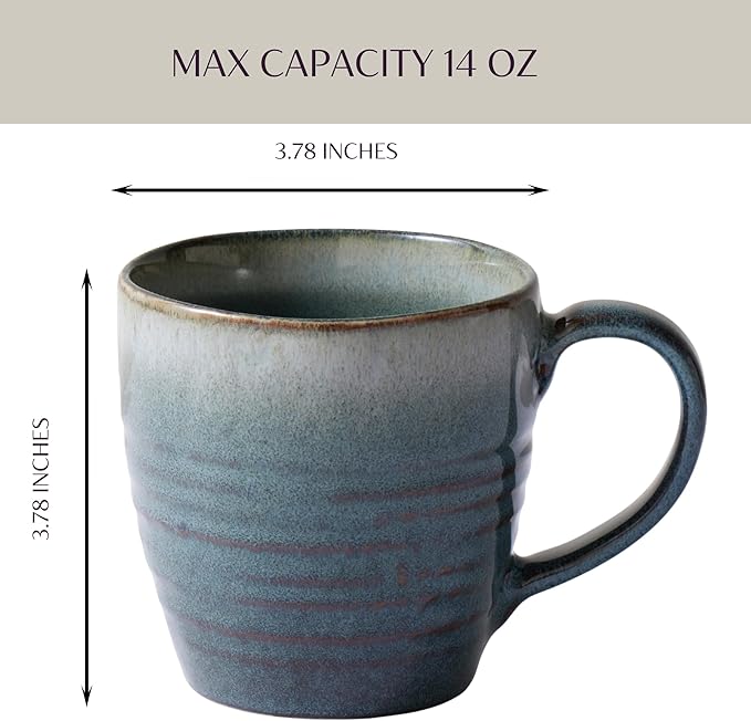 14 oz Coffee Mugs Set of 4, Ceramic Coffee Mugs with Handle – Reactive Glaze Stoneware Coffee Mug Set for Tea, Latte, Cappuccino, Cocoa, Hot Chocolate – Microwave & Dishwasher Safe - Blue