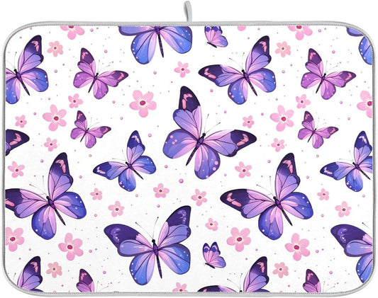 Pink Purple Butterfly Flower Dish Drying Mat for Kitchen Counter Absorbent Dish Drainer Mats Drying Pads 18"x24"