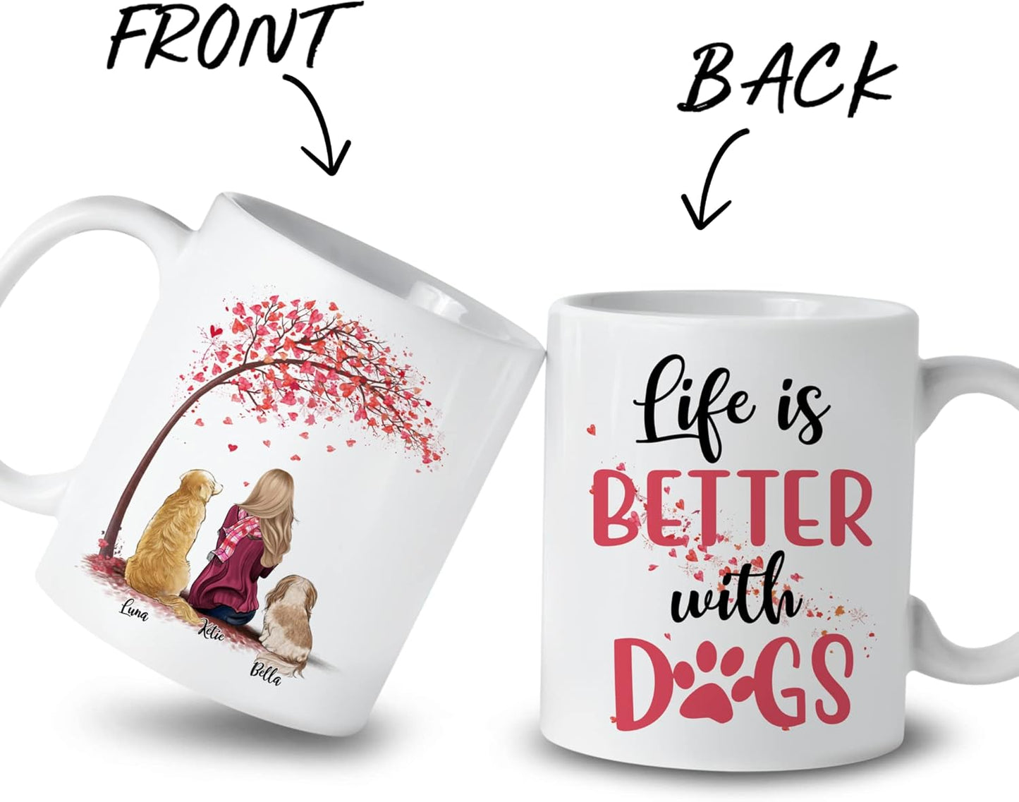 Gossby Personalized Mug - Life is Better With Dogs (Girl - 2 Dogs - Pink Tree) - 11oz, 15oz Custom Coffee Mug for Dog Mom, Lovers - Personalized Gifts for Women (GBMUG146VAR302)