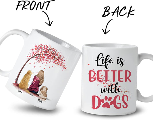 Gossby Personalized Mug - Life is Better With Dogs (Girl - 2 Dogs - Pink Tree) - 11oz, 15oz Custom Coffee Mug for Dog Mom, Lovers - Personalized Gifts for Women (GBMUG146VAR302)