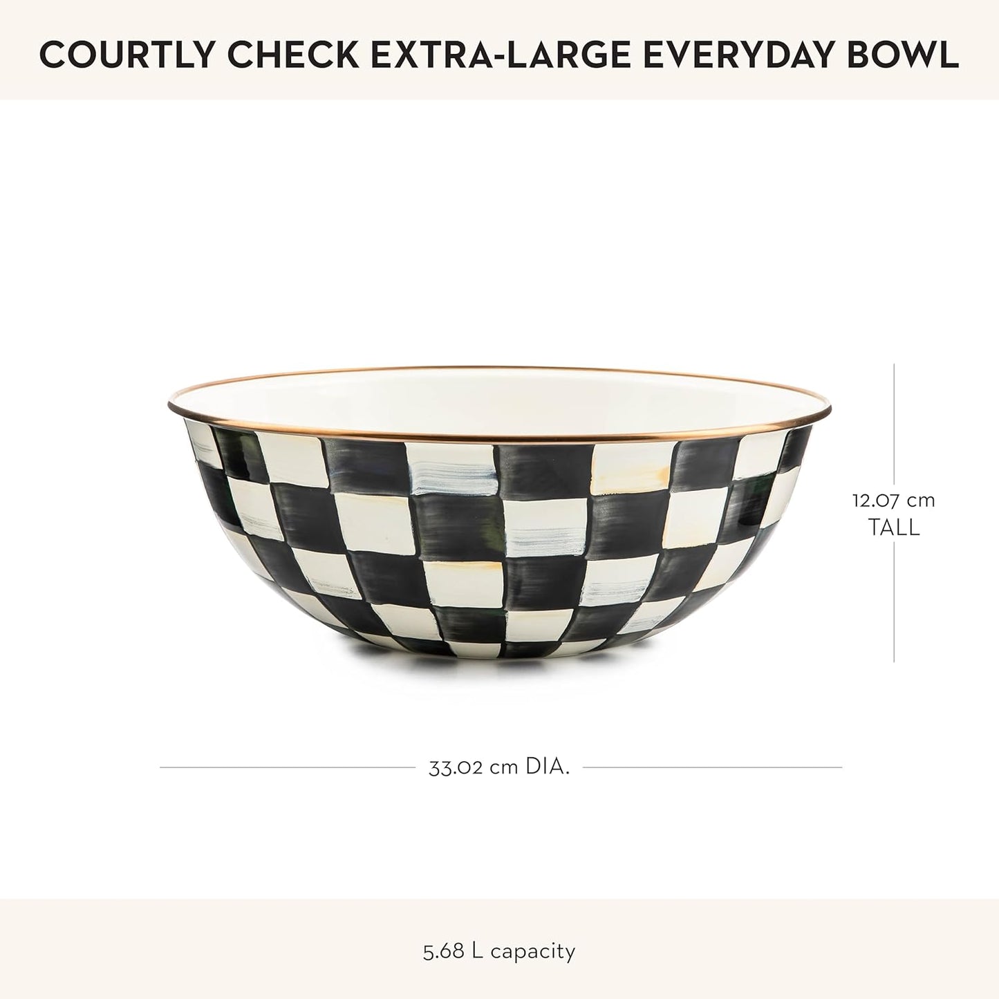 MACKENZIE-CHILDS Enamel Everyday Bowl, Serving Bowl for Entertaining, Extra-Large, Black-and-White Courtly Check, Set of 1