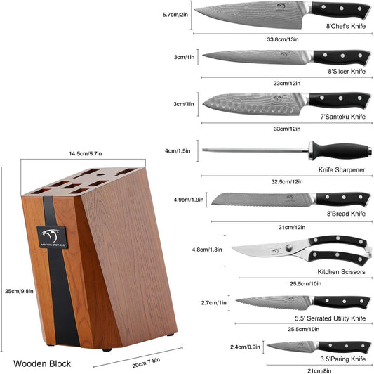 NANFANG BROTHERS Knife Sets for Kitchen with Block, Damasucs Kitchen Knife Sets 9 Pieces with Ergonomic Triple Rivet Handle, Kitchen Knives for Chopping, Slicing, Dicing & Cutting