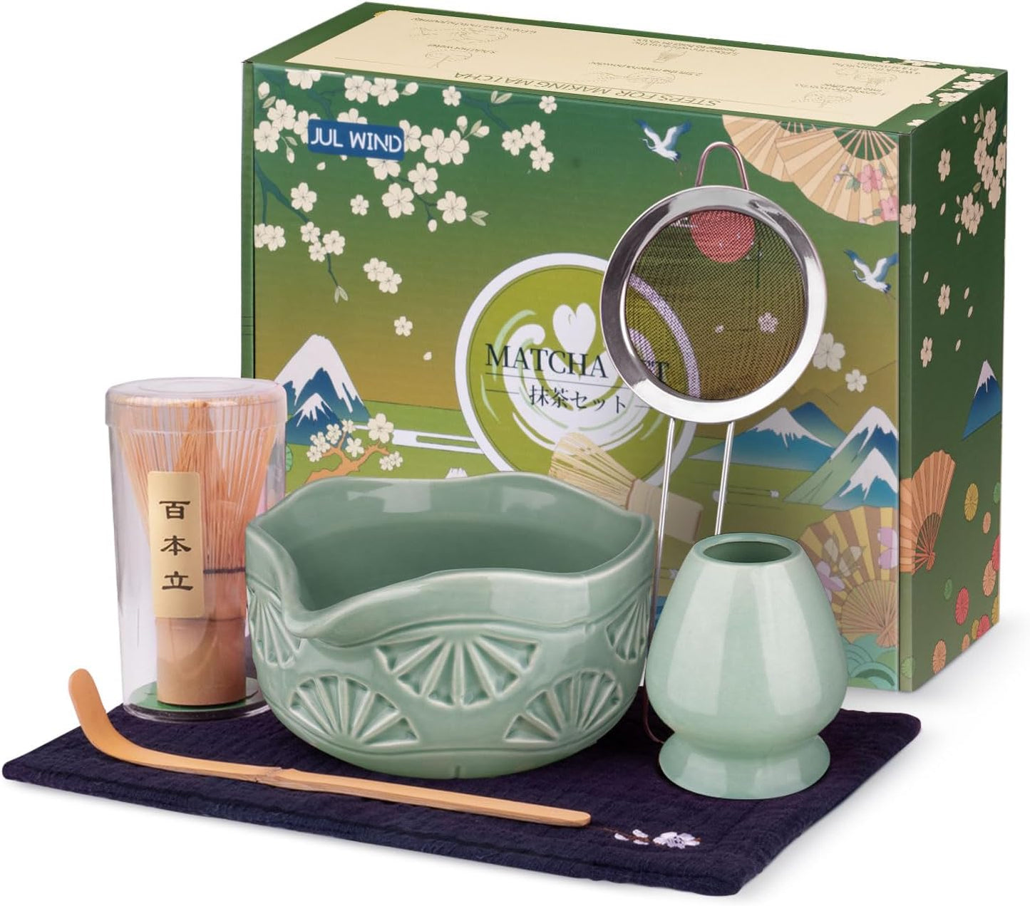 Matcha Whisk Set, Ceramic Matcha Set Includes Matcha Bowl with Spout, Matcha Whisk and Holder, Bamboo Scoop, Sifter and Tea Towel - 6 Pcs Matcha Kit Gift for Matcha Lovers (Green)