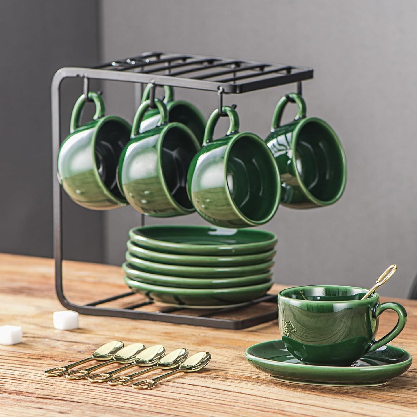 vicrays Ceramic Espresso Coffee Cups - 4 oz Porcelain Espresso Cups Set with Saucers Spoons and Metal Stand for Tea Cafe Cappuccino Latte - Set of 6 - Green