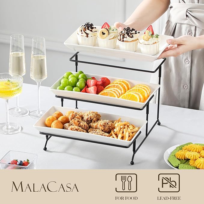 MALACASA 3 Tier Serving Trays for Party, Porcelain Serving Platters and Trays, 12 Inch Tiered Tray Stand, Fruit Tray, Trays for Serving Food, White Dessert Stand with Collapsible Sturdier Metal Rack