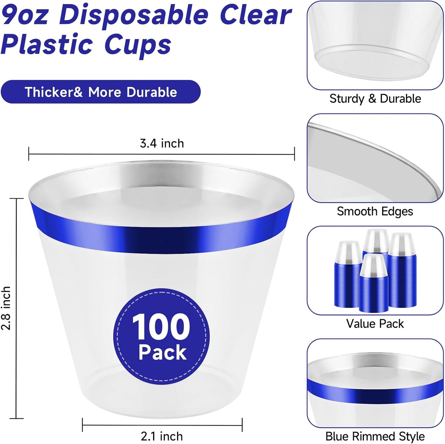 100pcs Blue and Clear Plastic Cups, 9oz Plastic Cups Blue Rimmed Disposable Cocktail Glasses Fancy Disposable Cup Drinking Tumblers Shot Cup for Wedding Party