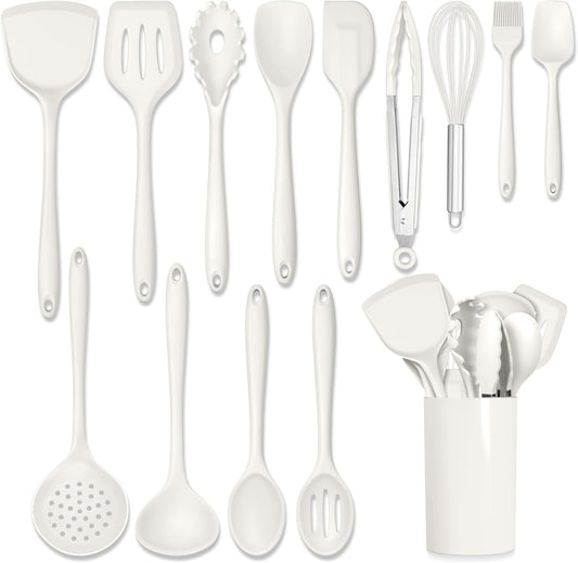 HaWare Kitchen Utensils, 14 PCS Silicone Cooking Utensils Set, Heat Resistant Kitchen Utensils for Non-stick Cookware, Kitchen Gadgets Tools with Spoons, Spatulas, Whisk, Dishwasher Safe (White)