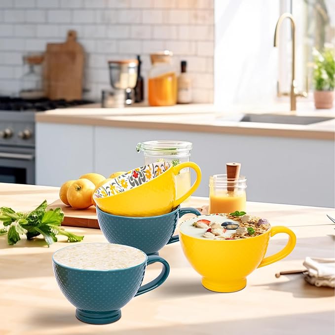 Topadorn Ceramic Coffee Mugs with Handle Set of 2, Hand-Painted Floral Pattern Ceramic Soup Mugs for Salad, Cappuccino, Cereal, Milk, Latte, Tea, Cocoa, Breakfast Oatmeal Cups(Green & Yellow)