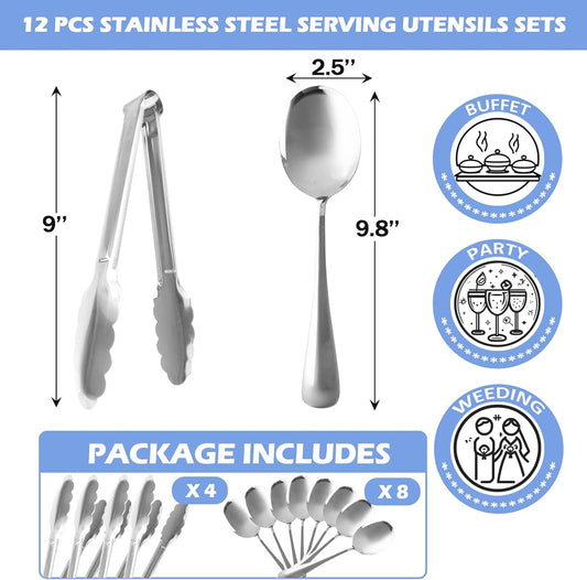 12PCS Stainless Steel Serving Utensils Sets with 8 Large Serving Spoons,4 Serving Tongs,Silver Serving Utensills Sets for Buffet Catering Banquet Party (Silver)
