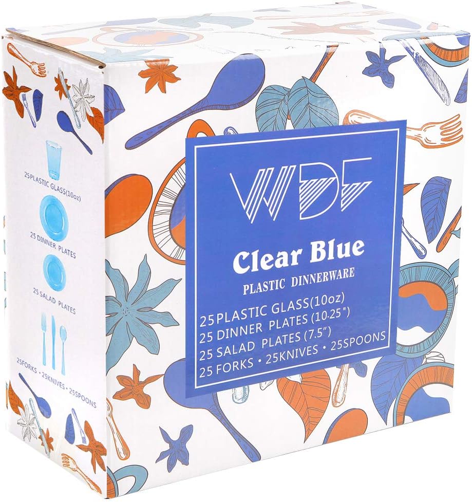 WDF 25 Guest Blue Plates with Disposable Silverware&Blue Cups-Neon Clear Plastic Dinnerware include 25 Dinner &Salad Plates,25Forks, 25 Knives, 25 Spoons,25 Cups for Graduation