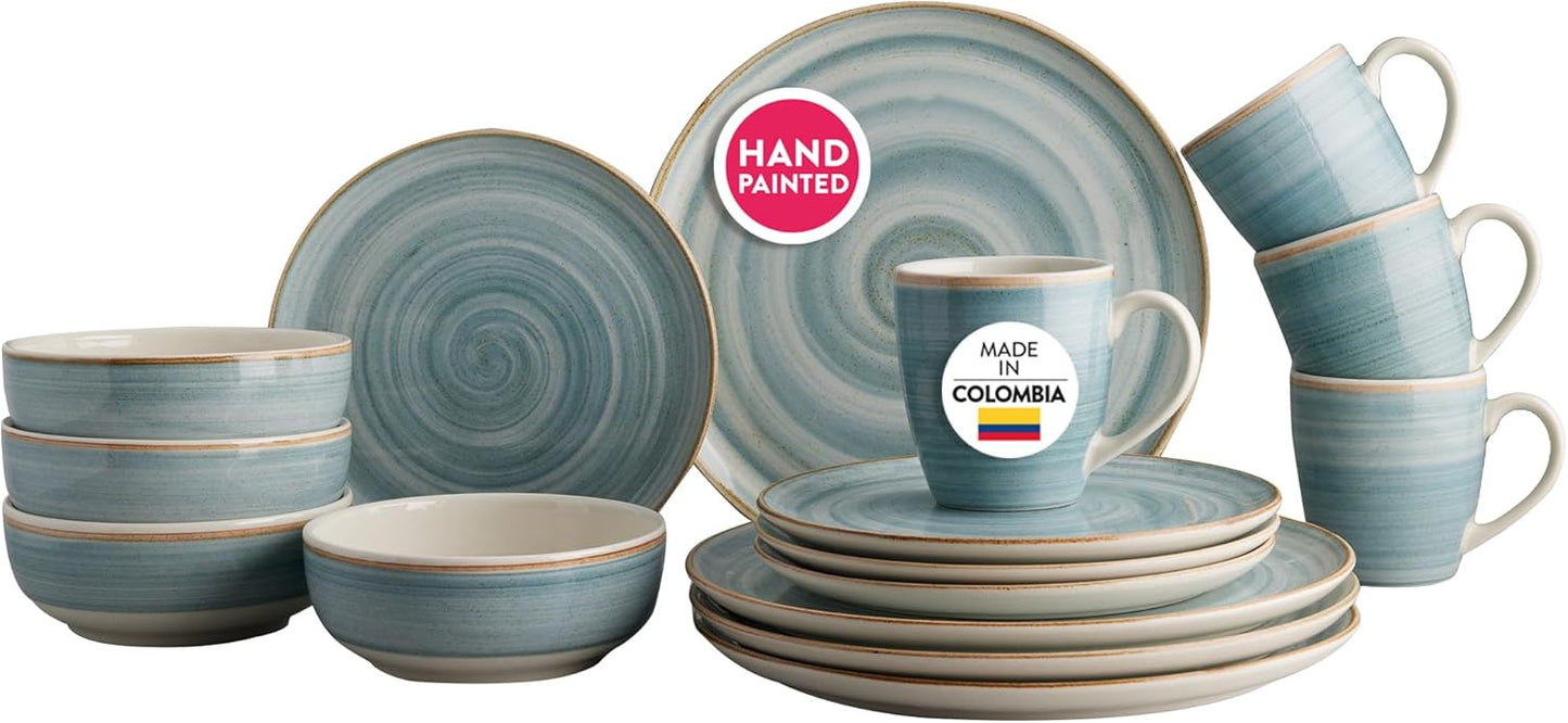 Corona 16-piece Rustic and Modern Hand-Painted Details Ceramic Dinnerware Sets, Plates, Bowls and Mugs, Service For 4, Blue Caoba