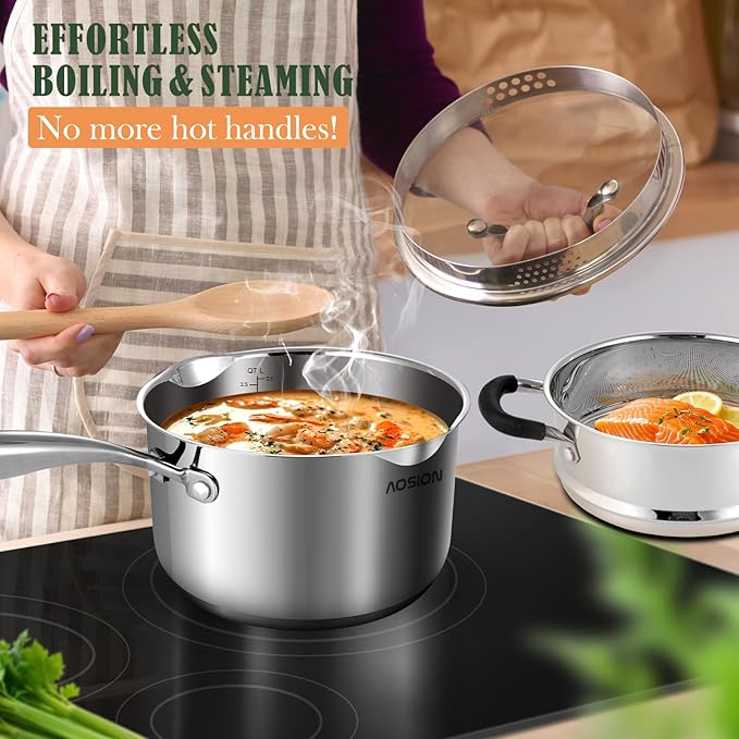 AOSION 2.5 Quart Stainless Steel Saucepan with Steamer Basket,Small Pots for Cooking,Steamer Pan with Pour Spout,Strainer Glass Lid,Perfect For Vegetables Boiling Gravies,Pasta,Noodles