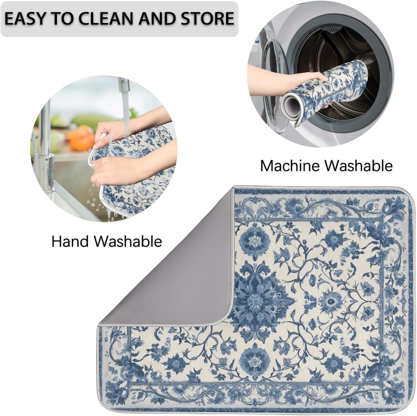 Dish Drying Mats for Kitchen - Super Absorbent Dish Dryer Mat for Countertops Microfiber Dishes Drainer Pad Hide Stain Draining Rack Mat Gadgets for Easy Clean Multi-Use 16"x18",Blue and White