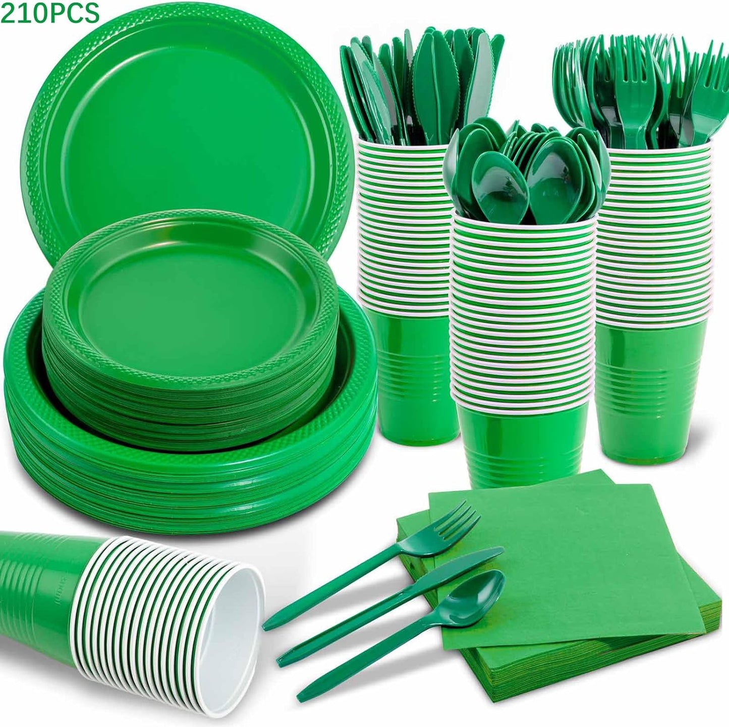 WELLIFE 210Pcs Green Plastic Plates,Disposable Dinnerware Set,Party Supplies Including Green pates, 12OZ Cups, plastic Cutlery and Napkins Serve 30 Guests, Plastic Plates for Party