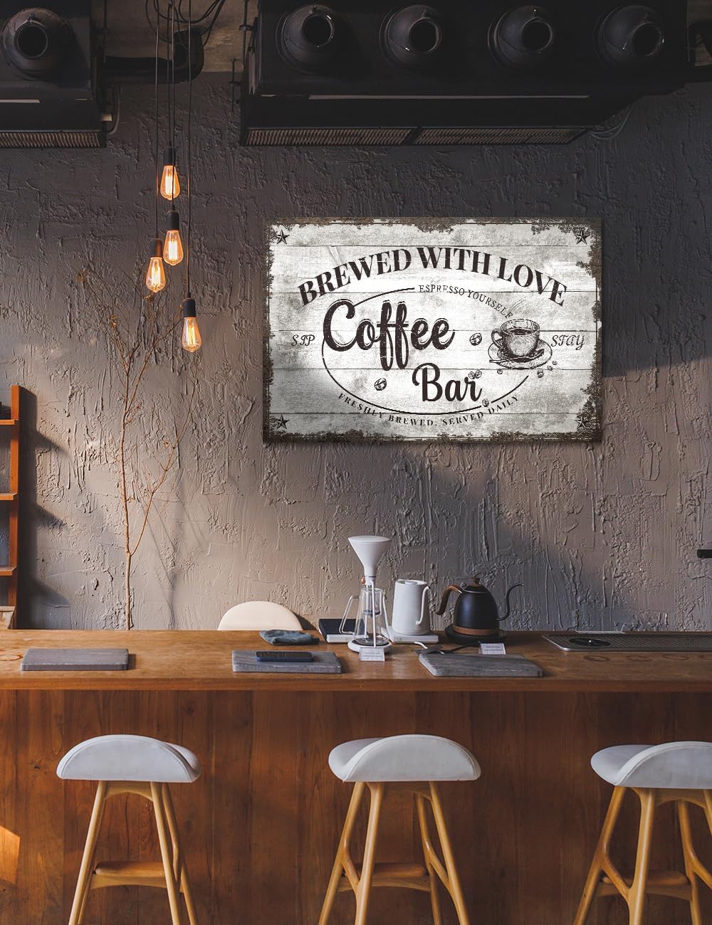 IPIC - Vintage Coffee Bar Sign Brewed with Love, Farmhouse Style Canvas Wall Art for Cafe, Large Wall Decor Gift for Family or Friends, Ready to Hang, Made in USA