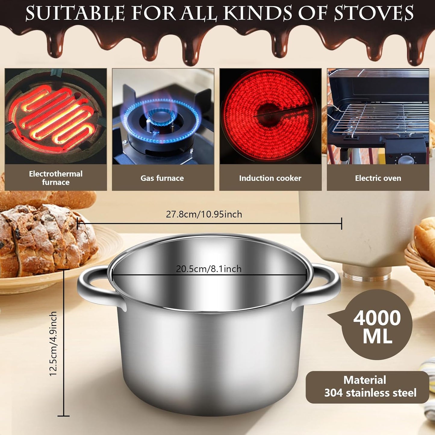 Artcome 304 Stainless Steel Double Boiler Set - 2.6QT Melting Bowl with Scale and Handle - 4.2QT Dual-Handle Pot - Stackable Water Bath Melting Pot Set for Butter, Chocolate, Wax, Sugar, Candle