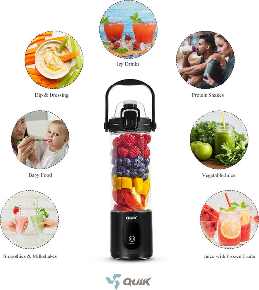 Portable Blender - Cordless 24oz. Personal Blender for Shakes and Smoothies, Licuadora, BPA Free - Ice Crush, Dishwasher safe parts, Waterproof, Triple Batteries, Juicer Cup, Black