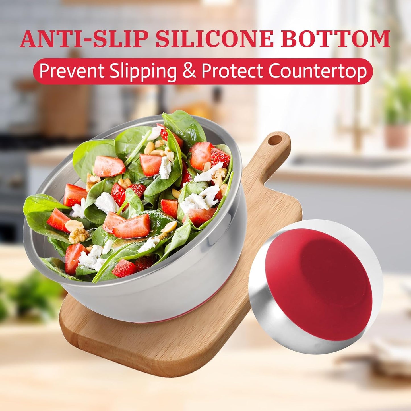 MARSKITOP Stainless Steel Mixing Bowls with Lids Set, Nesting Mixing Bowls with Airtight Lids, Measurement Marks and Red Non-Slip Bottoms, Great for Mixing and Serving, 1.5QT & 3QT & 5QT