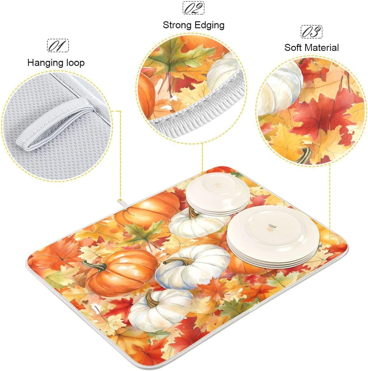 Watercolor Pumpkins Autumn Leaves Dish Drying Mat for Kitchen Counter Super Absorbent Dishes Pad Reversible Microfiber Protector Dish Draining Mats 16x18 inch