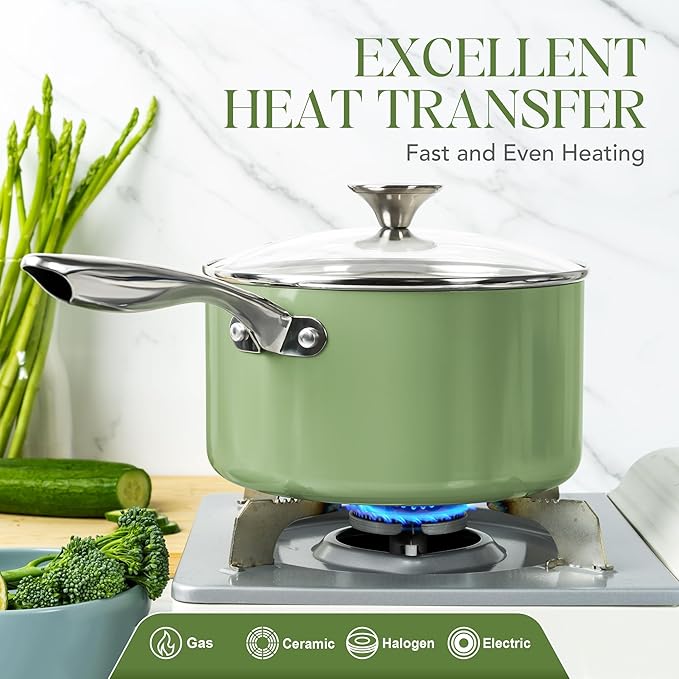 MICHELANGELO Sauce Pan with Lid, Non Stick Saucepan Set of 3-1Qt & 2Qt & 3Qt Small Pots for Cooking, Ceramic Saucepan - Non-Toxic, Scratch-Resistant, Oven Safe, Natural Green