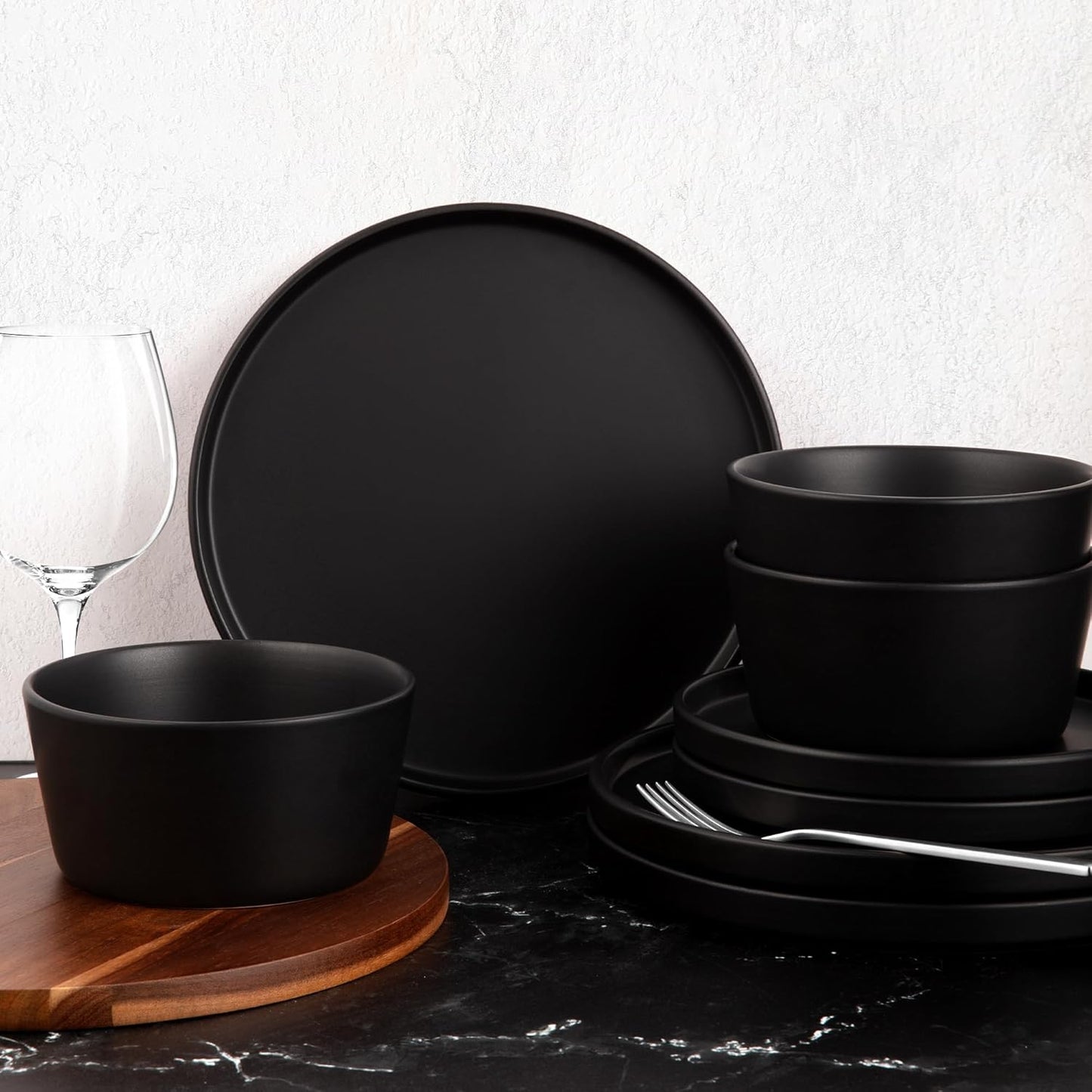 Zulay Kitchen Terra Stoneware 32-Piece Dinnerware Set, Artisanal Ceramic Plates and Bowls Set Crafted at 2300℉ - Service for 8, Black Matte