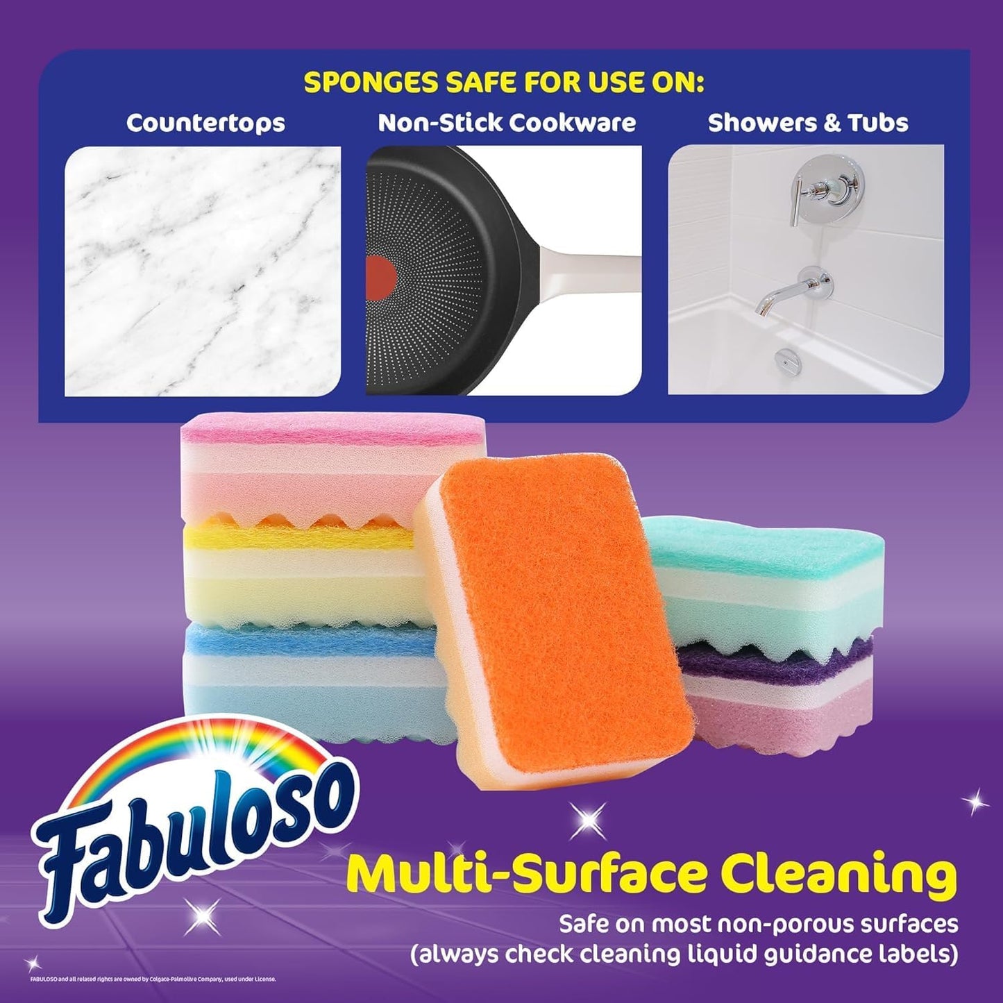 Fabuloso Sponges, Rainbow - Scratch-Free Scrubber for Dishes and Surfaces - Dishwashing Sponge for Bold and Bright Cleaning Experience, 6 Count - 2 Pack