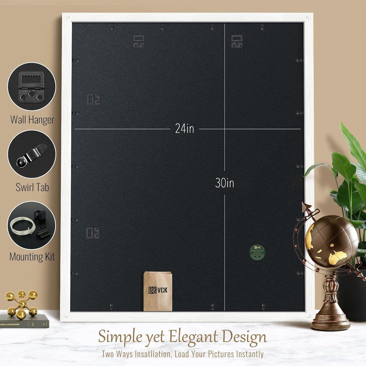 VCK 24x30 Poster Frame Set of 5 - White, Textured Exclusive Solid Wood Picture Frames with Polished Plexiglass, Wall Hanging