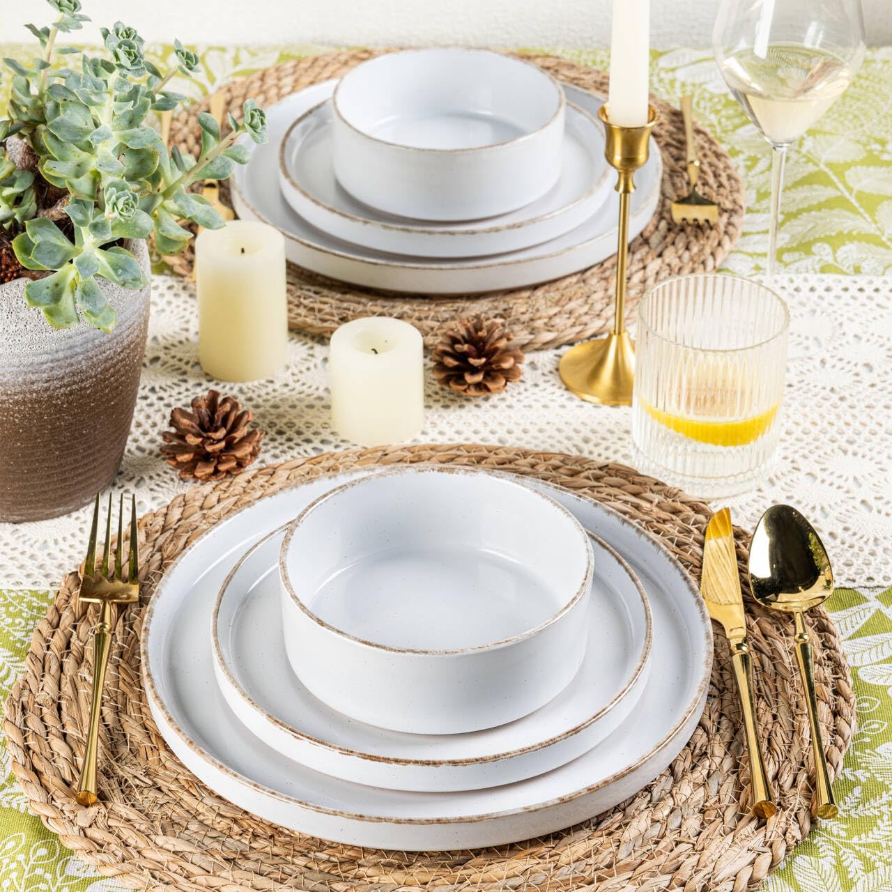 AmorArc Ceramic Dinnerware Sets for 6, 18 Pieces Handpainted Plates and Bowls Set with Rustic Terracotta Underside, Scratch Resistant Stoneware Dishes Set, Dishwasher & Microwave Safe